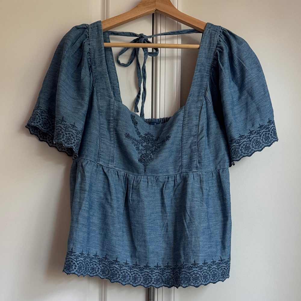 Old Navy Denim Blue Embroidered Blouse